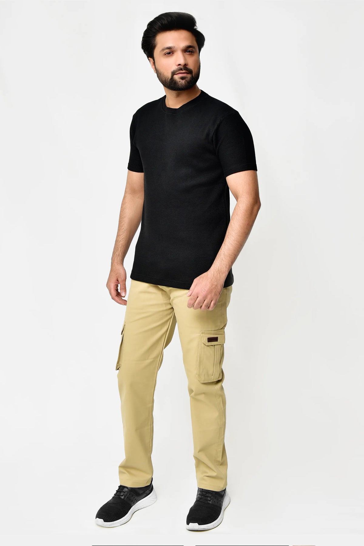 Beige Premium Six Pocket Cargo Trouser – close-up of cargo pocket stitching and beige fabric texture